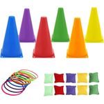 Manwetye 27 PCS 3 in 1 Kids Carnival Games Set,Happy Circle Colorful Ring Toss Game Set,Soft Plastic Cones Bean Bags Ring Toss Games for Kids Birthday Party Outdoor Games Supplies