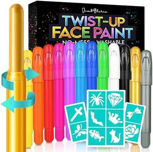 Jim&Gloria Face Paint with Stencils - 12 Large Washable Face & Body Painting Crayons for Kids Toddlers and Adults. Great For Crafts, Toys, Easter Gifts and Christmas Stocking Stuffers for Girls & Boys