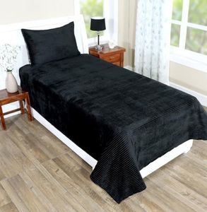 RD TREND 190 GSM Flannel Warm bedsheets for Winter Single Flat Size (60x90 Inches) with 1 Pillow Cover Size (18x28 Inches) Color- Black Pattern-Striped