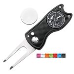 CoverMay Foldable Golf Divot Repair Tool and Golf Ball Markers Set (Black Divot Tool-Black Marker)