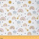 Erosebridal Girls Rainbow Upholstery Fabric by The Yard, Sun and Stars Decorative Fabric for Chairs, Cartoon Cloud Kawaii Decorative Waterproof Indoor Outdoor Fabric DIY Art, 1 Yard, Colorful