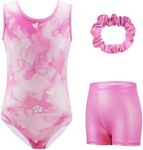 ESHOO Gymnastics Leotards for Girls Sparkly Shiny Ballet Dance Unitards with Shorts Sleeveless Biketards Practice Activewear (Pink,5-6 Years)