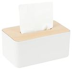 Tissue Box with Bamboo Top, Rectangular, Plastic, 21 * 13 * 9.5cm,Tissue Dispenser Box for Living Room, Office, Car, Bathroom (White)