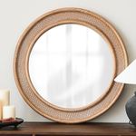 Micasso Round Rattan Wall Mirror, 30" Rustic Wood Farmhouse Boho Style Wall Mirror for Wall Décor, Living Room, Bathroom and Entryway