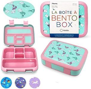 Kinsho Bento Lunch Box for Kids Toddlers, 5 Portion Control Sections, BPA Free Removable Plastic Tray, Pre-School Kid Toddler Daycare Lunches, Snack Container Ages 3 to 7 (Aqua Cat Mermaid)