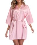 Vlazom Women's Kimono Robes Dressing Gown Satin Bathrobe Nightdress Pure Colour Short Style with Oblique V-Neck, Dusky Rose, S(UK 6)