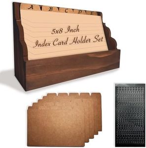5x8 Index Card Holder Set - Vintage Wooden Index Card Stand with Brown Dividers, Desk Organizer (Holds 300 Cards) for Notecards, Flashcards, Recipes, Postcards, Greeting Cards