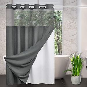 CYPL No Hooks Required Waffle Weave Shower Curtain with Snap in Liner-Hotel Grade Waterproof & Mesh Top Window Spa Like Bath Curtain Machine Washable Heavy Duty 71Wx74L(Grey)