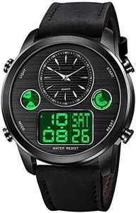 VIGOROSO Men's Luxury Analog Digital Alarm Watches Casual Leather Strap Chronograph World Time LED Date Wrist Watch Fashion Army Military Sport Watch (Black)