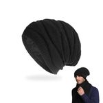 EUPSIIU Winter Beanie Hat, Knit Slouch Skull Cap with Thick Warm Lining, Thermal Soft Thick Fleece Lining, Unisex Classic Winter Hat for Regular Big Head for Women Men, One Size (Black)