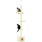 PawHut Floor to Ceiling Cat Tree with Scratching Post for Indoor Cats, Adjustable Height Cat Tower (91-102 Inches) with House, Bed, Beige