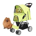 Flexzion Pet Stroller (Dot Green) Dog Cat Small Animals Carrier Cage 4 Wheels Folding Flexible Easy to Carry for Jogger Jogging Walking Travel Up to 30 Pounds with Sun Shade Cup Holder Mesh Window