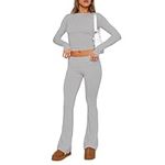 Women Two Piece Flare Pants Set Basic Long Sleeve Crop Top Low Rise Yoga Leggings Set Outfits Loungewear Tracksuit (Light Gray, S)