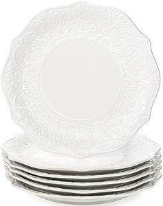 SOUJOY Set of 6 Salad Plate, 8 Inch Porcelain Dessert Serving Plates, Embossed Printing Small Dinner Dish for Pancakes, Steak, Microwave, Dishwasher Safe