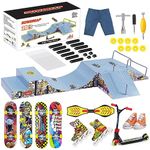 SOWEREAP Fingerboard Skate Park Kit, 9 in 1 Skateboard Ramps with 20pcs Mini Finger Toys Set Including Fingerboards, Finger Pant, Scooters, Finger Skateshoes, Skateboard Toys Gift for Kids