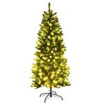 COSTWAY 4.5FT/5FT/6FT/6.5FT/7.5FT Pre-lit Slim Christmas Tree, Hinged Pencil Xmas Tree with Warm LED Lights, Foldable Metal Stand & Superior PVC Leaves, Holiday Decoration for Home and Shops(6FT)