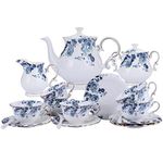 fanquare 21 Pieces Blue Rose British Afternoon Tea Set, Romantic Wedding Birthday Gift Tea Set, Porcelain Coffee Set for Adults