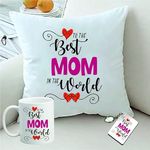 PICRAZEE “Best Mom in The World” Happy Birthday Gift for Mom (1 Cushion 12”*12” with Filler, 1 Ceramic Mug, 1 Keyring) (Best Mom in The World)