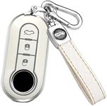 HIBEYO Key Fob Cover Compatible with Fiat Ducato 500 500L Panda Grande Punto Lancia Musa 3 Button Keys Car Accessories TPU Silver-Edge Smart Remote Auto Key Case with Leather Keychains-Whtie