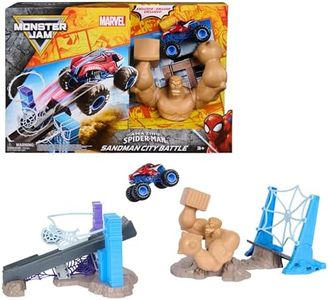 Monster Jam Spiderman Sandman City Battle Playset, 1:64 Scale Monster Truck Toys with Slingshot Launcher, Toys for Kids Ages 3 and Up