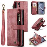 M CASEME UEEBAI Wallet Case for iPhone XR, Premium Handmade PU Leather Phone Case Card Slots Magnetic Closure Zipper Pocket Kickstand Flip Case with Hand Strap - Vintage Red