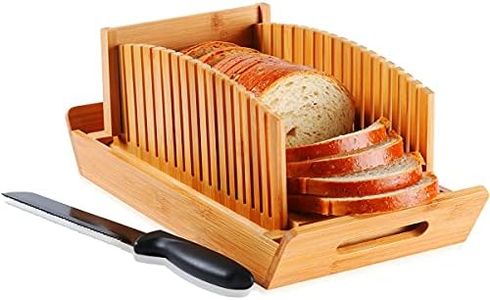 Kiss Core Bread Slicer for Homemade Bread, Bamboo Bread Slicer Guide with Bread Knife and Crumb Catcher, Adjustable Foldable and Compact Cutting Guide 3 Size Slicing Guide