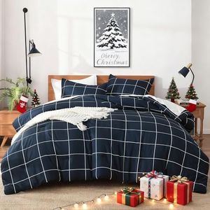 Andency Navy Plaid Comforter Queen(90x90Inch), Dark Blue Grid Gingham Buffalo Plaid Bed Set for Boys Kids Teens, 3 Pieces Lightweight Microfiber Geometric Preppy Bedding