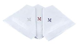 PACK: Initial Cotton Handkerchief 3 PC Set. Initial M monogram inscribed in Silver, Burgundy and Navy. Handkerchiefs make a great gift for any occasion.