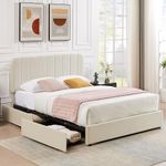 VECELO Full Size Upholstered Bed Frame with 4 Drawers and Adjustable Headboard, Velvet Platform Storage Bedframe Mattress Foundation, Wooden Slats Support, No Box Spring Needed, Beige