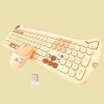 Cute Cat Keyboard and Mouse Combo Wireless, Kawaii Keyboard and Mouse for Girls and Kids, Soundless Colorful Keys, Compatible with Notebook, PC (MilkTea-110Keys)