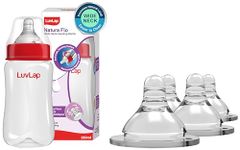 Luvlap Anti-Colic Natura Flo Teat/Nipple for Wide Neck Bottle, 4pcs, Fast Flow, 6m+ & LuvLap Anti-Colic Wide Neck Natura Flo Baby Feeding Bottle, 250ml, New Born/Infants/Toddler Upto 3 Years, BPA Free