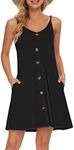 MISFAY Summer Dresses for Women Casual V Neck Button Mini Dress A Line Spaghetti Strap Skater Dress (S,Black)