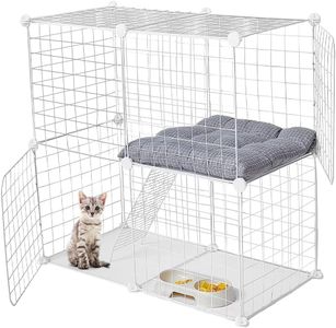 2 Tier Cat Cage Indoor, Detachable Metal DIY Pet Playpen, Portable Collapsible Pet Cat Cage, Animal Cage Wire Cage Indoor, 75 * 73 * 39 cm, White