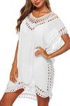 Swimsuit Cover Ups for Women Mesh Beach Cover Ups Crochet Chiffon Tassel Bathing Suit Bikini Swim Wear Coverups Dress (White-Plus)