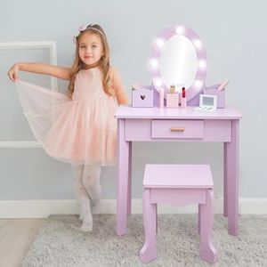 GarveeHome Kids Vanity with Lighted Mirror, Toddler Vanity Table and Chair Set, Girls Makeup Playset, Purple
