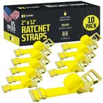 E Track Ratchet Straps Cargo Tie-Downs, (Pack of 10) 2 x 12 Heavy Duty Yellow Tie-Down Rachet Straps, Strong Ratchet Strap, E Track Spring Fittings, Tie Down Motorcycle