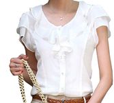 UbdehL Women Chiffon Blouse Short Sleeve Elegant Shirt Korean Fashion Work Tops White