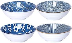 6.1" Pasta Bowl Set，Set of 4, 18OZ Porcelain Salad Bowls,Ceramic Bowls for Cereal, Dessert, Ice-Cream. Four Classical Blue Patterns.