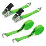 Heavy Duty Ratchet Straps with Double Hooks 2 X 800KG Break Strength - 6M x 25mm Adjustable Tensioning Belts Secure Motorcycles/Car Roof Rack/Surfboard Kayak/Vans/Bike/Cargo- Green（2 PCS）