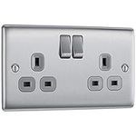 BG Electrical NBS22G Double Switched Power Socket, Brushed Steel, 13 Amp