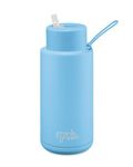 frank green Reusable Water Bottle with Straw Lid, Ceramic Insulated Water Bottles with Triple Wall Vacuum, flasks for hot and Cold Drinks, Leak-Resistant Drinks Bottle - Sky Blue, 34oz/1 Litre