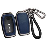 SANRILY PU Leather+Zinc Alloy 3/4/5/6 Button Key Fob Cover Fit for Toyota Land Cruiser 2023 2022 Venza RAV4 Prime Hilux Fortuner Tundra Corolla Sequoia Keyless Key Holder with Keychain Black-Blue