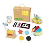 OOOK Montessori Toys for Babies 0-6 Months, 7 in 1 Newborn Baby Toys with Teething Toys, Baby Rattles, Tissue Box Toy, Sensory Balls, Contrast Cards and More, Perfect Educational Toys as Baby Gift