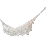 NOVICA Handmade Brazilian Natural Ecru Cotton 2 Person Hand Woven Hammock with Crochet Fringe, 'Manaus Majesty' (Double)