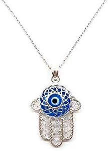 MYSTIC JEWELS By Dalia - Sterling Silver Filigree Necklace with Blue Evil Eye, Glass