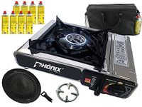 Phoenix PC-20 Stainless Steel Gas Stove 1-Bulb Camping Stove + Grill Attachment + 8x Gas Cartridges + Hob Cross + Carry Bag and Case