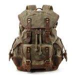 WUDON Men Travel Backpack, Genuine Leather-Waxed Canvas Shoulder Hiking Rucksack, Green, Large, Travel Backpacks