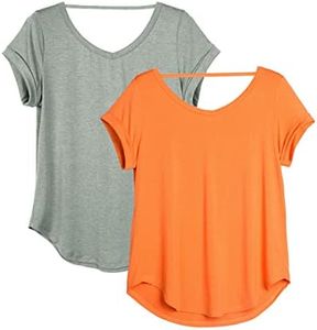 icyzone Open Back Yoga Shirts for Women - Exercise Workout Tops, Athletic Short Sleeves, Running T-Shirts Loose Fit (Grey/Orange, S)