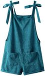 OYOANGLE Women's Strap Tie Knot Shoulder Pocket Front Romper Corduroy Overall Shorts Jumpsuit Teal Blue Large