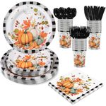 NatNarr 175 Pcs Fall Paper Plates and Napkins, Buffalo Plaid Pumpkins Disposable Tableware Sets Thanksgiving Plates and Napkins for Autumn, Thanksgiving, Fall Harvest Party